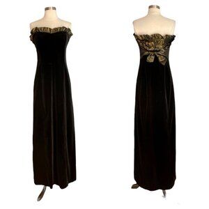 Vintage 80's Laura Ashley Black Velvet Gown Dress w/Olive Green Ruffle Trim
